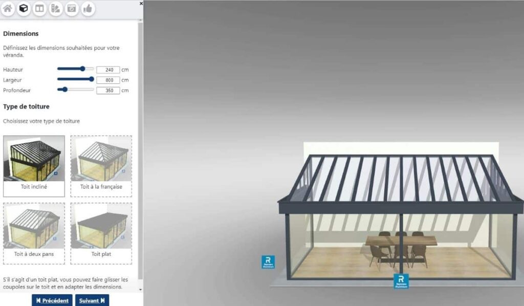 simulateur 3D mis à dispotition en ligne par reynaers aluminium pour configurer sa propre veranda